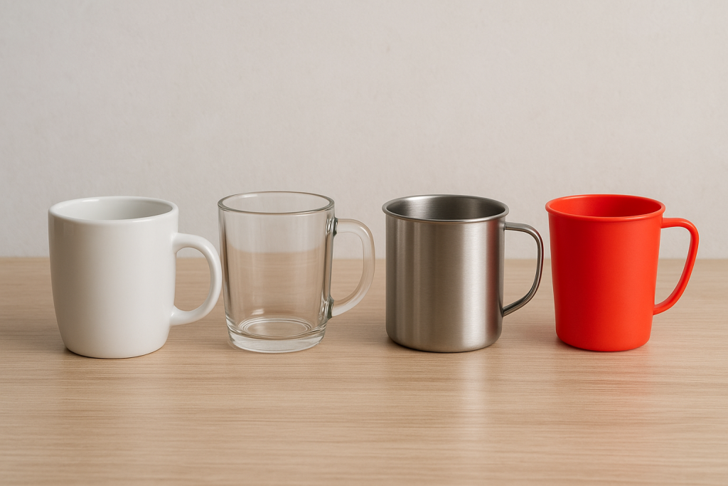 Conjunto de tazas de diferentes materiales. 