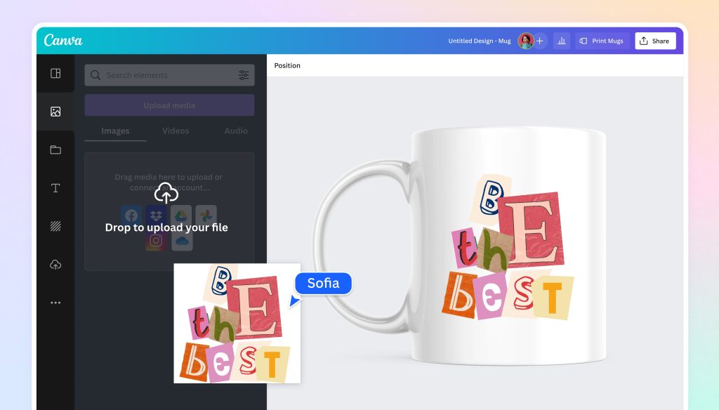 taza personalizada con diseño colorido creado en Canva con frase be the best