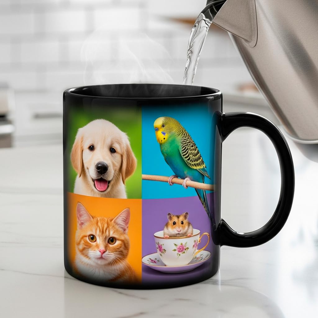 Taza mágica para regalo con fotos de mascotas (cachorro golden, periquito, gato y hámster) que cambian de color con el calor del agua. Ideal como regalo original y exclusivo.