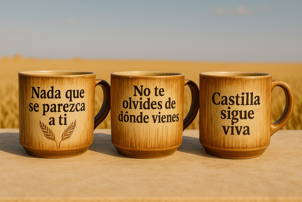 Tres tazas artesanales de cerámica con frases inspiradas en Castilla y León: “Nada que se parezca a ti”, “No te olvides de dónde vienes” y “Castilla sigue viva”, sobre fondo rústico de madera.