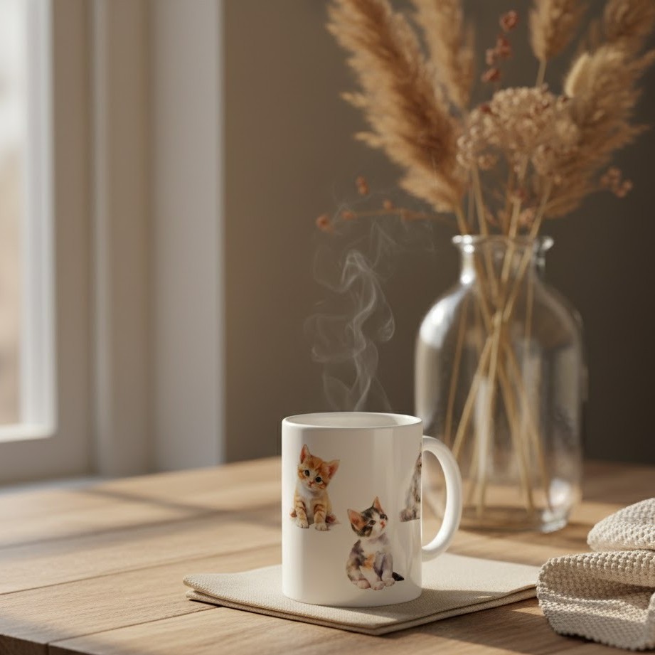 Taza blanca con ilustraciones de gatitos, un ejemplo de regalos originales para amantes de los animales.