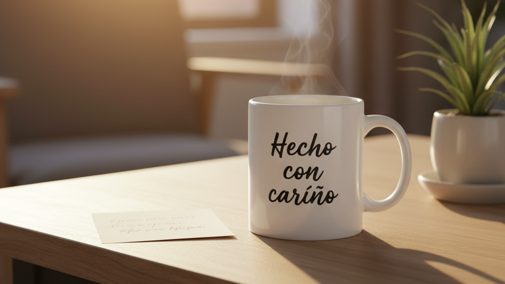 Cómo elegir una taza para regalar y transmitir emociones, con una taza con la palabra “gracias” sobre una mesa de madera que simboliza un regalo significativo y personalizado.