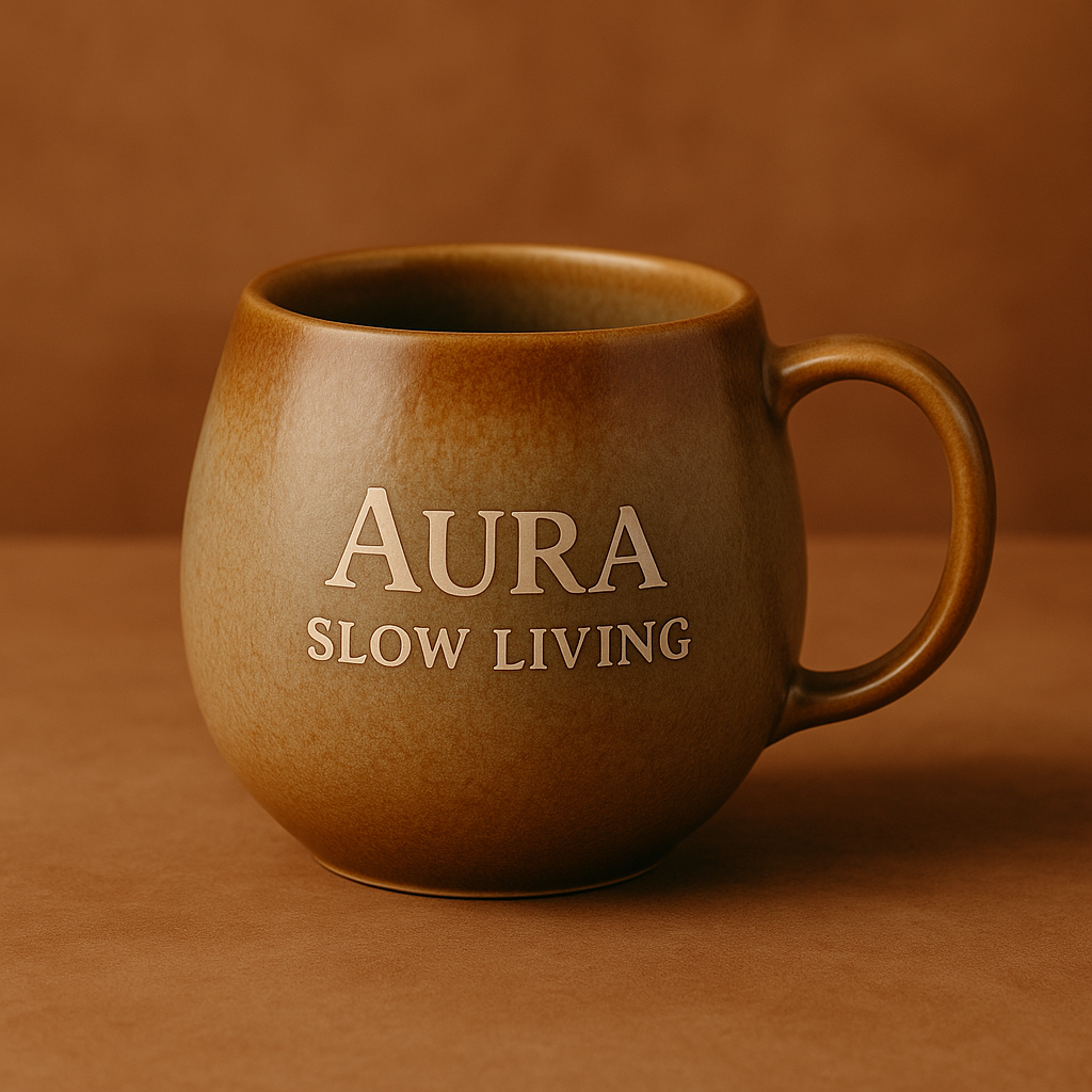 Taza Aura Slow Living de cerámica artesanal en tonos tierra, símbolo del equilibrio entre diseño, calma y tradición castellana.