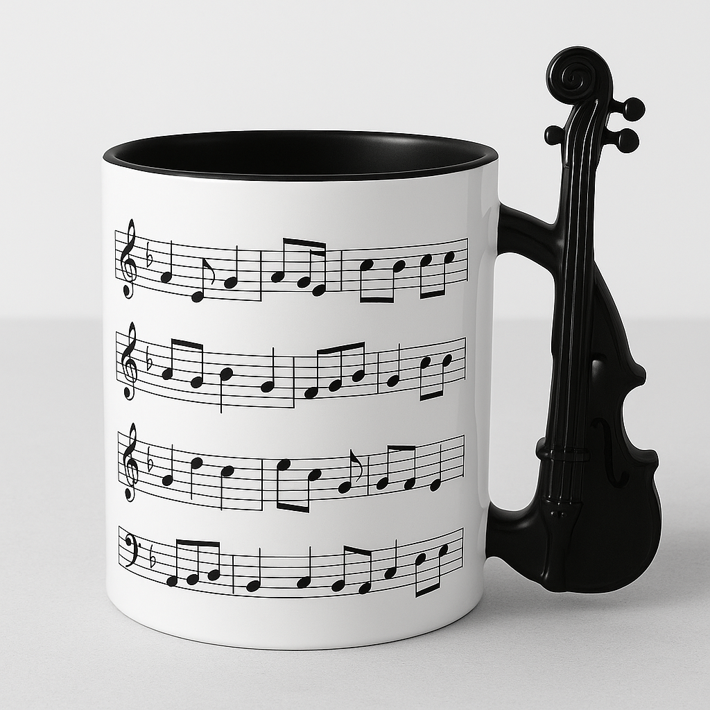 Ejemplo de una de nuestras tazas musicales personalizadas, en este caso con un asa en forma de un violín.