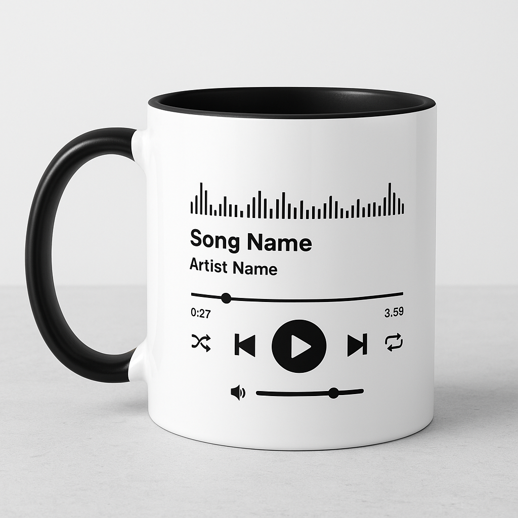Imagen de una de nuestras tazas musicales personalizadas con diseño de código Spotify, ideal como regalo único y creativo.
