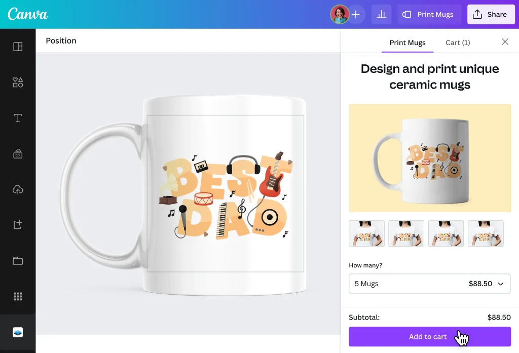 Taza personalizada con diseño musical y texto ‘Best Dad’, ideal como regalo original para el Día del Padre. Ejemplo de creación de taza personalizada en Canva, mostrando cómo diseñar y encargar tazas de cerámica únicas con ilustraciones, frases y gráficos creativos